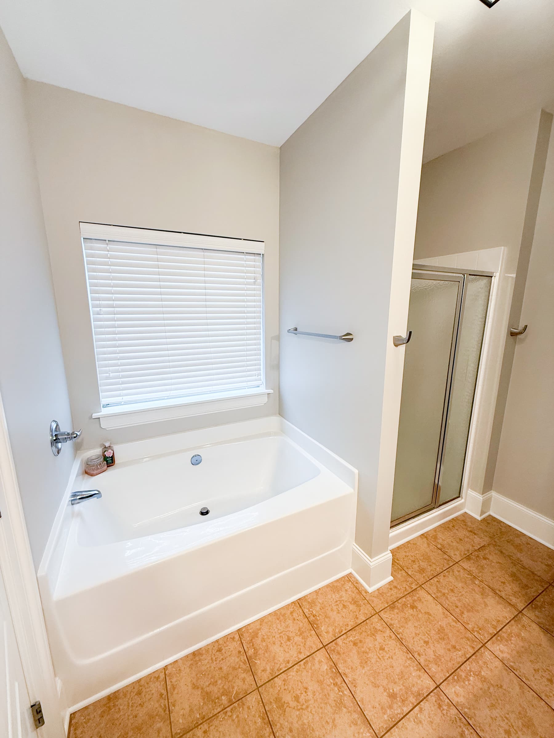 Primary bathroom soaking tub and separate glass shower