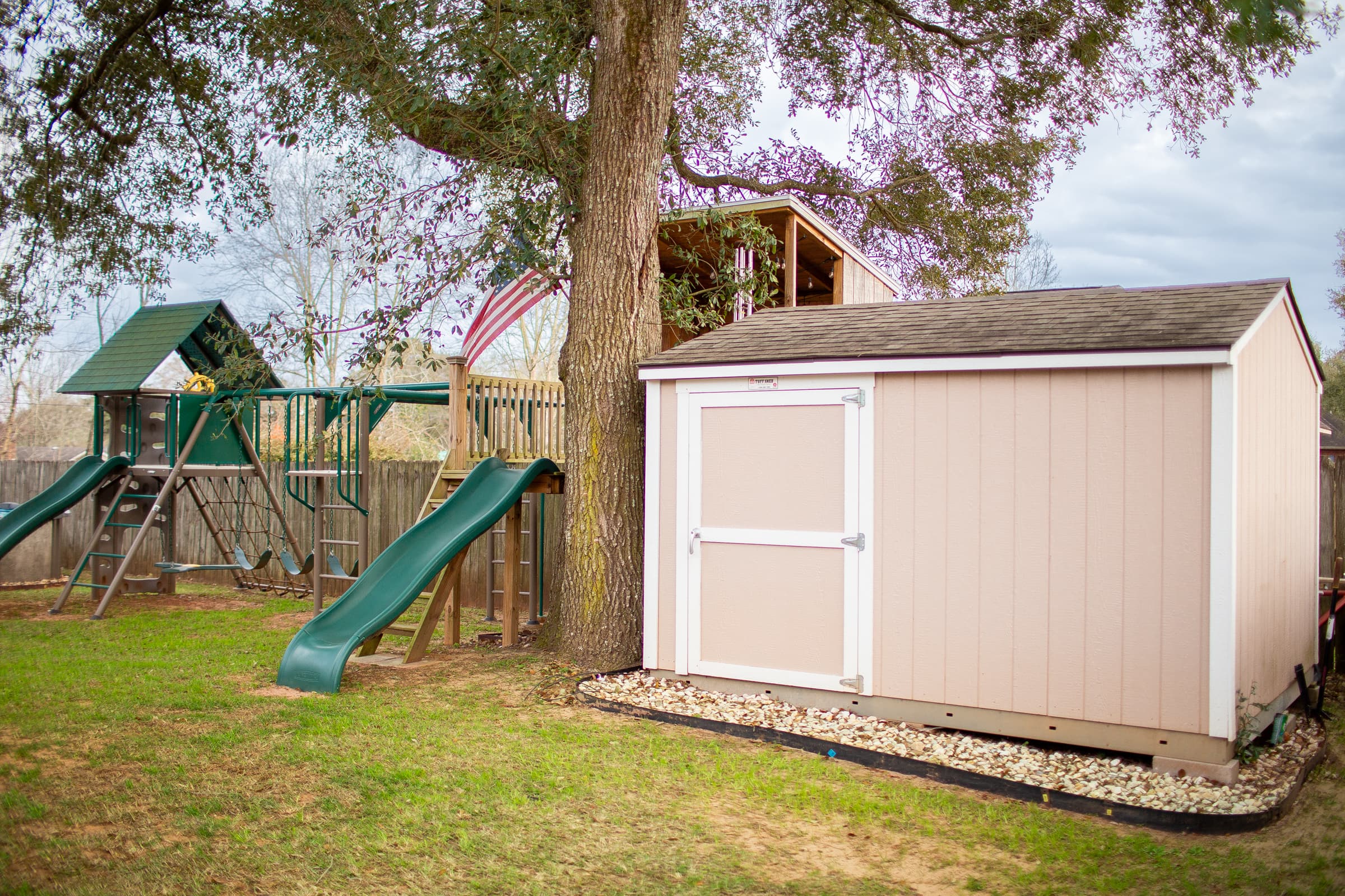 Backyard with storage shed